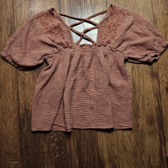 Boho Gauzy Balloon Sleeve Babydoll Top Mauve Pink Embroidered Cottagecore Cotton - Picture 7 of 7